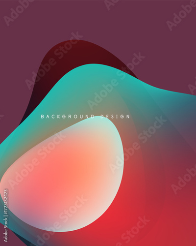 Abstract fluid shapes blend, creating vibrant color gradients. Design features teal, coral, maroon hues. Smooth transitions dominate composition.