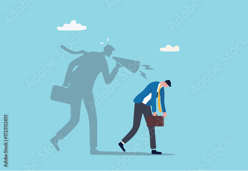 Self criticism, negative critic thinking to blame yourself, guilt or depression to rant or inner anxiety, anger or stress psychology concept, depressed businessman self shadow blame with megaphone.