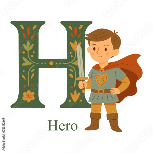 Brave young hero with floral Letter H, cozy folk vector for alphabet learning, nursery posters, name initials, kids’ books, flashcards, emblems, and adventurous classroom decor