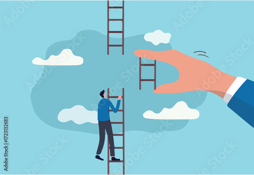 Helping hand, business support to reach career target or help to climb up ladder of success concept, businessman climbing up to top of broken ladder with huge helping hand to connect to reach higher.