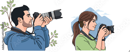 Man and woman photographers taking outdoor pictures with professional cameras, enjoying creative photography hobby, capturing nature, lifestyle, adventure, and travel moments.