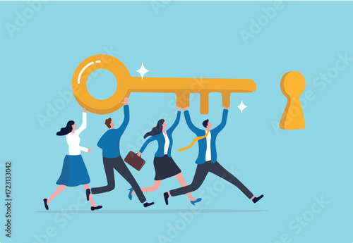 Key to success, teamwork, people to help solve problem, career opportunity, unlock secret or discovery, motivation concept, business people team member help carry golden success key push into keyhole