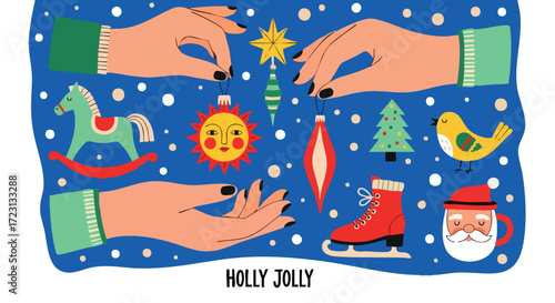 Hands decorating festive Christmas tree ornaments and festive items creating joyful holiday spirit with whimsical elements