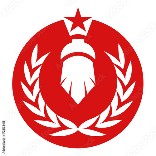 Red emblem with star laurel wreath and abstract figure