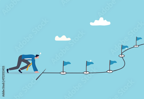 Start new business journey, career milestones or achievement, ready to win or overcome challenge, entrepreneurship to achieve goals or target concept, businessman ready to run on business milestones.