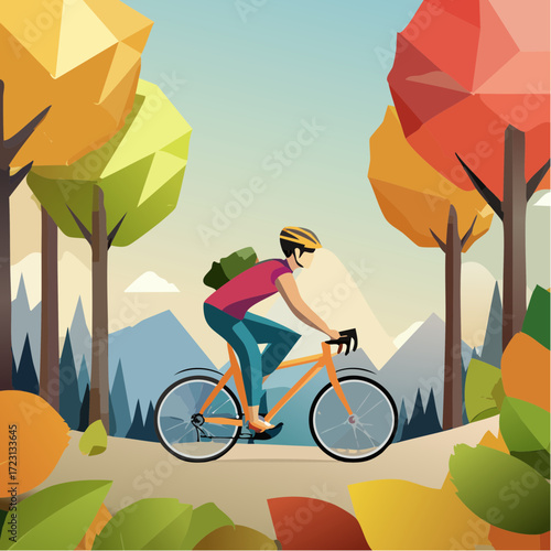 3D Cyclist Riding Bicycle in Nature Vector Illustration