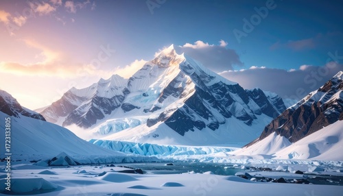 Majestic Snowy Mountain Peaks Under Bright Sky With Ice And Water In Cold Winter Landscape