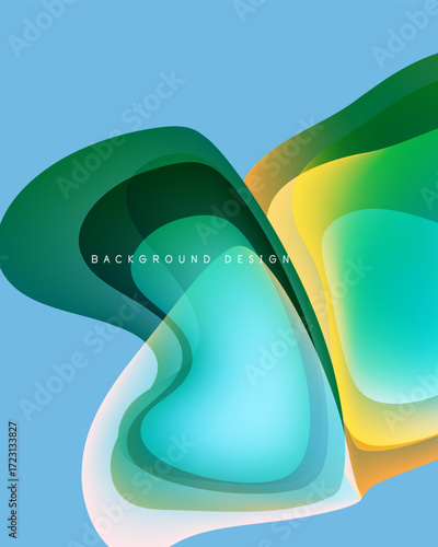 Abstract fluid shapes overlap, creating vibrant color gradients. Blue backdrop complements green, yellow, turquoise hues. Modern design element.