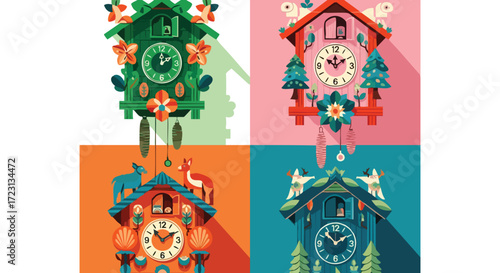 Charming collection of four vibrant cuckoo clocks adorned with whimsical forest animals and floral motifs