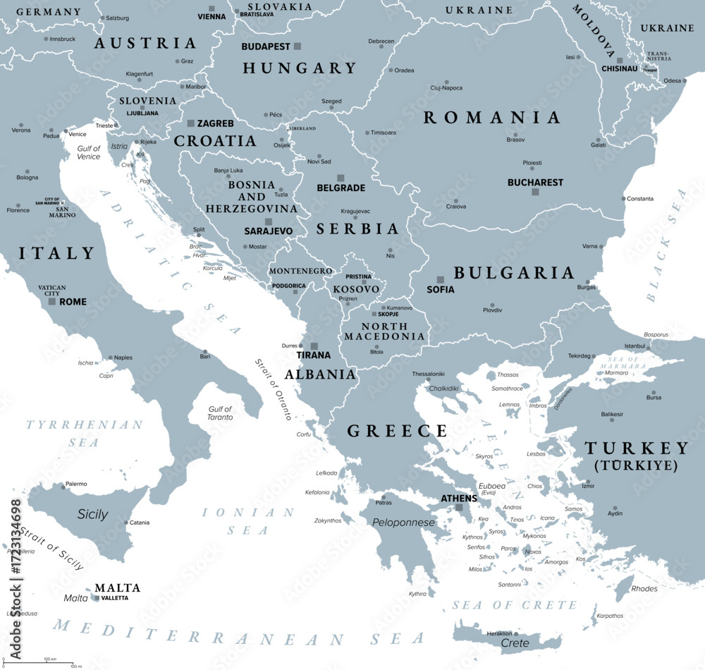 Obraz premium The Balkans and Balkan Peninsula, gray political map, with country borders, capitals, and largest cities. Geographical area in southeastern Europe, bordered by Adriatic, Ionian, Aegean, and Black Sea.