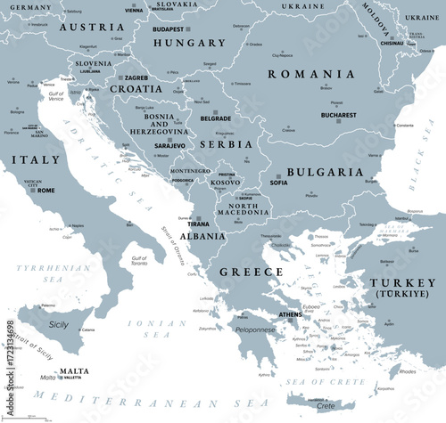 The Balkans and Balkan Peninsula, gray political map, with country borders, capitals, and largest cities. Geographical area in southeastern Europe, bordered by Adriatic, Ionian, Aegean, and Black Sea.