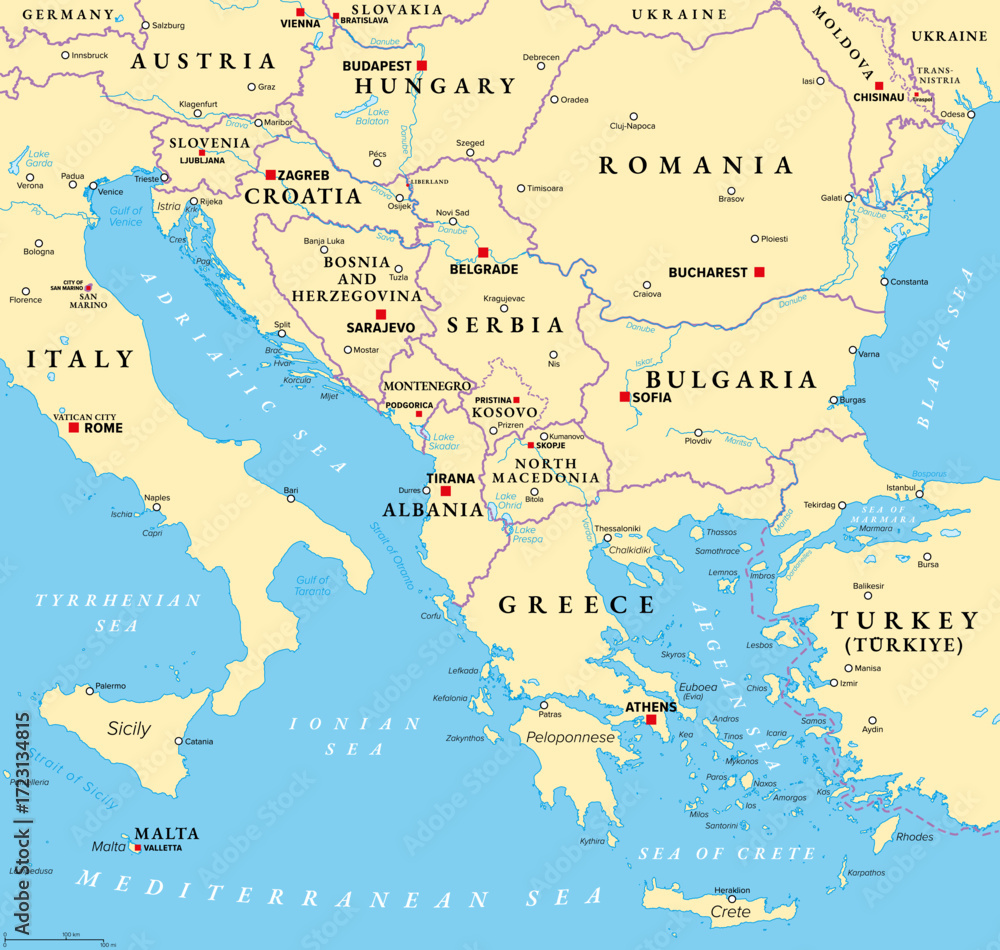 Obraz premium The Balkans, and the Balkan Peninsula, political map, with country borders, capitals, and largest cities. Geographical area in southeastern Europe, bordered by Adriatic, Ionian, Aegean, and Black Sea.