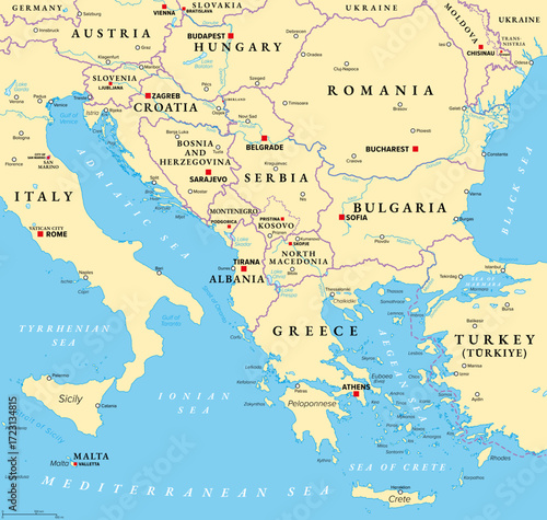 The Balkans, and the Balkan Peninsula, political map, with country borders, capitals, and largest cities. Geographical area in southeastern Europe, bordered by Adriatic, Ionian, Aegean, and Black Sea.