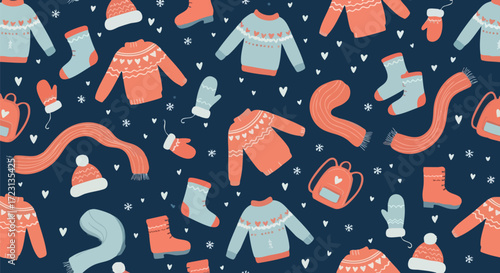 Cozy winter clothing and accessories pattern with hearts and snowflakes, perfect for festive holiday designs and warm apparel graphics.