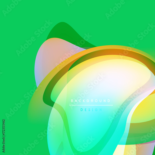 Abstract vibrant layers create flowing shapes. Green backdrop complements orange, yellow, turquoise hues. Modern design element.