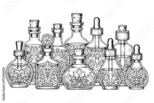 Collection of antique perfume bottles with ornate designs