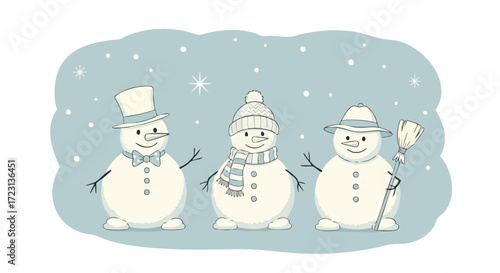 Charming trio of snowmen dressed in winter hats and scarves, ready for festive holiday fun and winter playtime.
