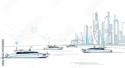 Vector art of modern yachts navigating a futuristic cityscape with sleek skyscrapers, symbolizing advanced technology and luxury transportation on the water