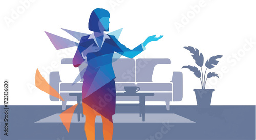 Vector art of a woman in a business suit, depicted in a colorful, geometric, lowpoly style, stands in a modern living room setting with a sofa and plant, gesturing with her hands as if presenting or e