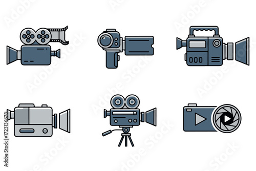 Collection of vintage and modern video camera icons isolated on Transparent Background