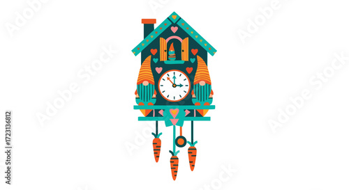 Whimsical cuckoo clock featuring charming gnomes and carrot pendulum, perfect for adding a playful touch to any room decor or creative project