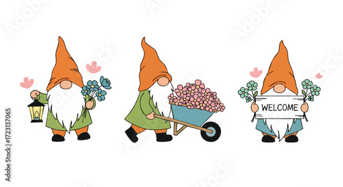 Charming garden gnomes with flowers, lantern, and welcome sign add whimsical delight to any seasonal project or invitation