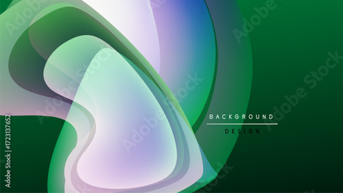 Abstract flowing shapes, green hues dominate, purple accents present. Minimalist design, smooth gradients create depth. Background texture subtle.