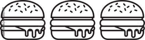 Illustration of three black and white outline hamburgers isolated on white background