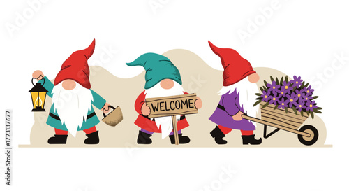 Charming gnomes parade with welcome sign, lantern, and flower-filled wheelbarrow bring whimsical joy to your spring garden designs