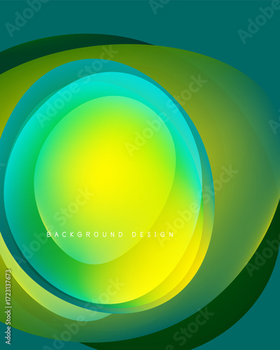 Abstract vibrant layers create circular design. Yellow, green, teal hues blend smoothly. Modern background element for projects.