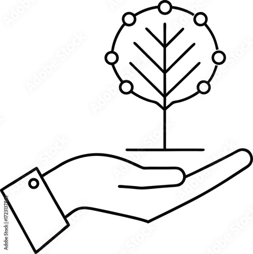 hand holding tiny digital hologram tree line art