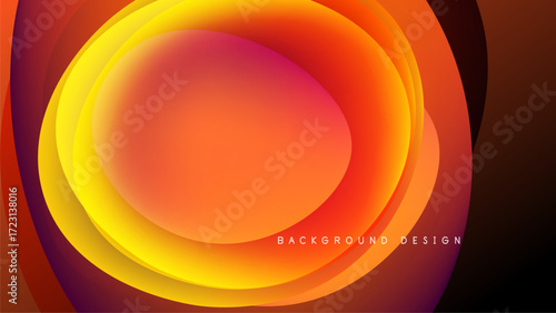Abstract layers create vibrant circular design. Orange, yellow, purple hues blend against black backdrop. Modern, dynamic visual.