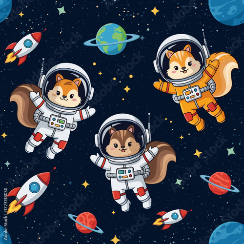 Cute cartoon squirrels in astronaut suits happily floating in outer space with planets and rockets