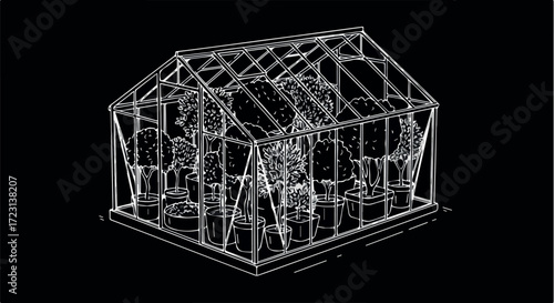 Vector art of a detailed line drawing illustration of a greenhouse filled with plants, showcasing a structured environment for cultivation and growth, presented in a clean, minimalist style against a 