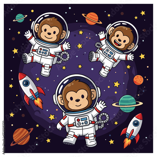 Cheerful monkey astronauts discover the cosmos Great for kids spacethemed projects