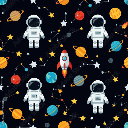 Playful outer space pattern with astronauts planets stars and rocket Ideal for childrens designs