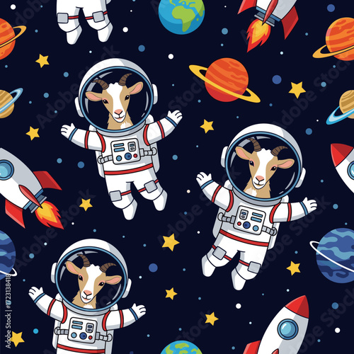 Playful pattern cartoon goats in astronaut suits explore space with planets rockets  stars Kids fantasy