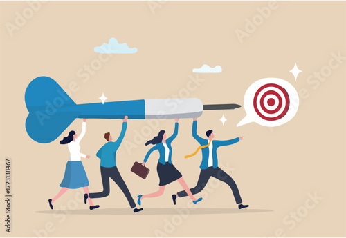 Purpose, project goal or target, team motivation to reach objective, company mission or direction, ambition to success, inspiration or aiming, business people with dart running to target or purpose. 