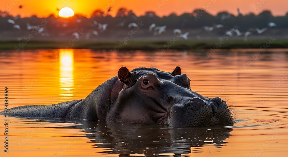 Fototapeta premium Hippopotamus emerges from water at sunset in African savanna.