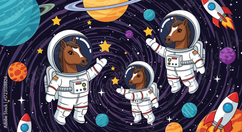 Whimsical cartoon horses in astronaut suits exploring outer space with planets stars and rockets