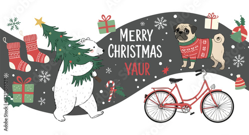 Charming polar bear carrying Christmas tree with festive pug and bicycle creating a joyful holiday greeting