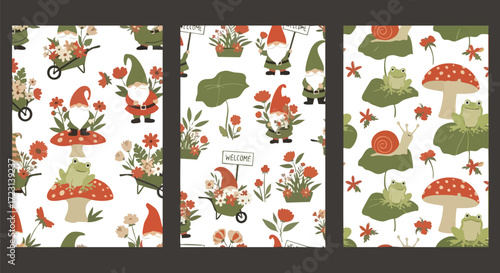 Charming garden gnomes and whimsical woodland creatures delight in a vibrant floral fantasy, perfect for enchanting designs