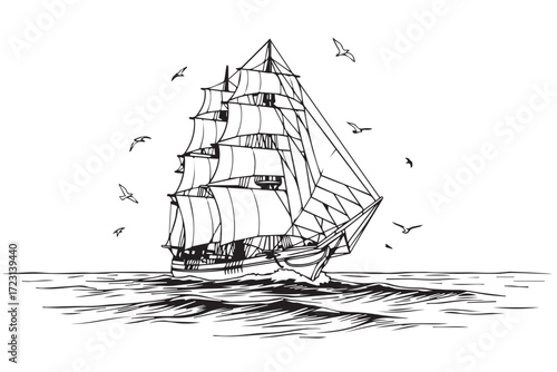 Black and white sketch of a majestic tall ship sailing on the ocean