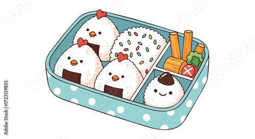 Adorable cartoon bento box filled with cute chicken onigiri and colorful rice, perfect for kids' lunchboxes or creative food presentations