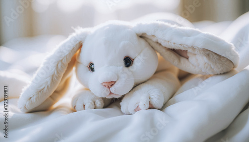 Soft white bunny plush toy relaxing on cozy bed with blanket, lifestyle  