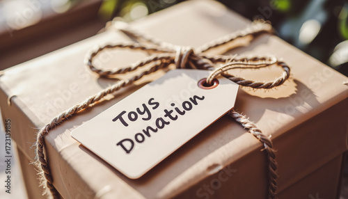Donation box for toys with label and twine on wooden surface  