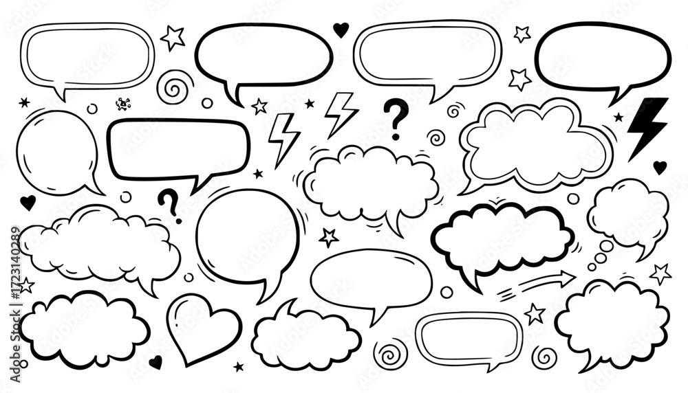 Fototapeta premium Vector art of collection of handdrawn speech bubbles and thought clouds in various shapes and sizes, isolated on a, perfect for comic strips and design elements