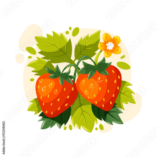Bright vector strawberries with leaves and flower. Cartoon garden berries for food design, summer harvest and healthy lifestyle illustration.