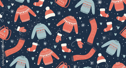 Cozy winter clothing patterns featuring sweaters, scarves, hats, mittens, and socks perfect for festive seasonal designs