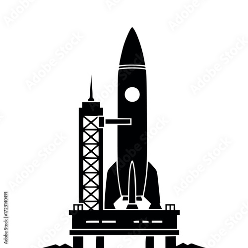 Vector art of silhouette of a rocket on a launchpad with a control tower